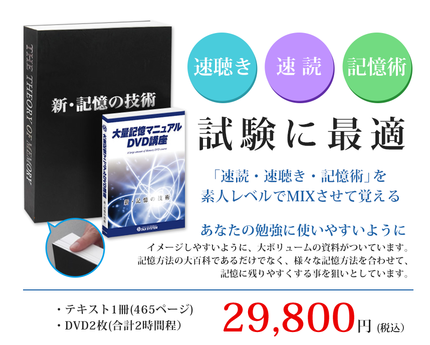 速聴き・速読・記憶術　試験に最適「速読・速聴き・記憶術」を素人レベルでMIXさせて覚えるあなたの勉強に使いやすいようにイメージしやすいように、大ボリュームの資料がついています。記憶方法の大百科であるだけでなく、様々な記憶方法を合わせて、記憶に残りやすくする事を狙いとしています。・テキスト1冊(465ページ)・オンライン講座(合計2時間程）29,800円 (税込）